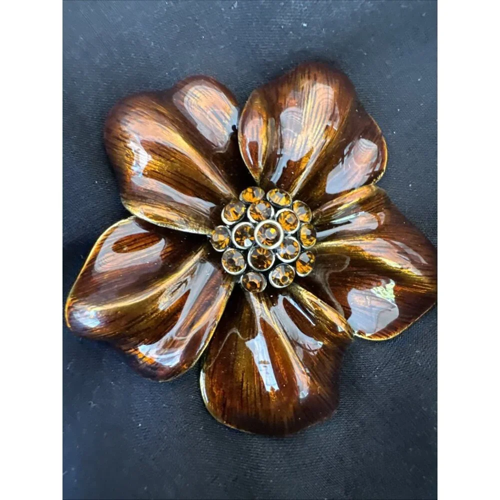 Cara New York Brooch Steampunk Bronze Flower Rhinestone Center NEW